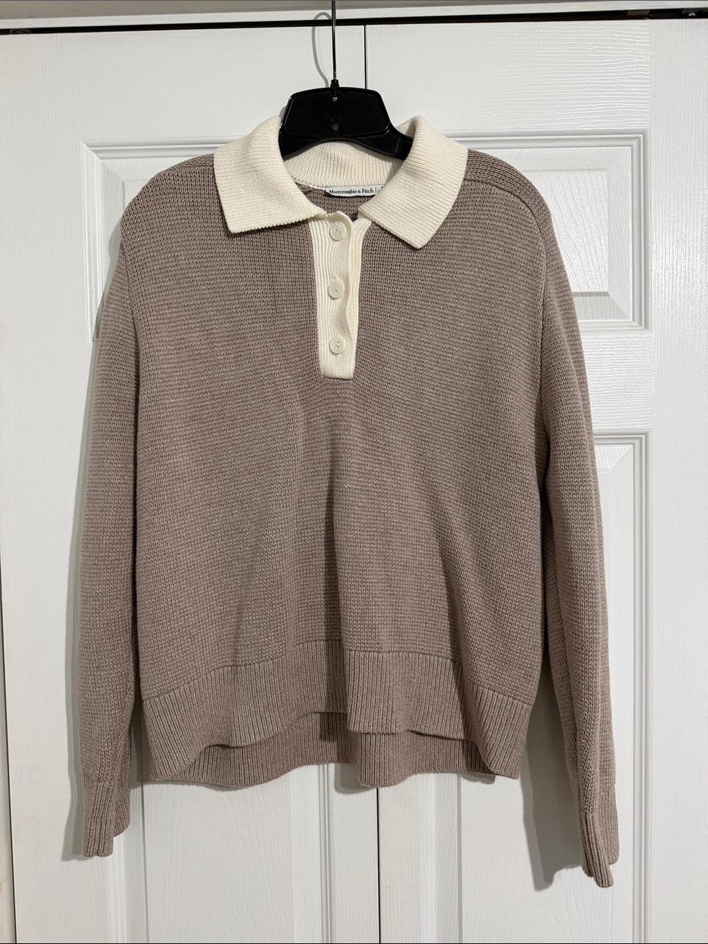 Abercrombie & Fitch Taupe Knit Polo Sweater with Cream Collar